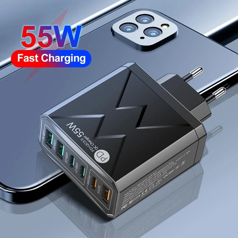 

55W 6 Ports Fast Charging Charger PD USB Wall Charger Adapter For iPhone 14 Xiaomi 13 Huawei Samsung A23 Redmi Note 12 Oneplus