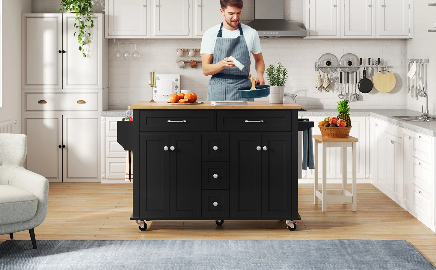 Multifunktionaler Küchenwagen mit ausklappbarer Arbeitsplatte, erweiterbar auf 120×65 cm, mit 5 Schubladen, Schränken, Gewürz- und Handtuchhaltern – Detail 26