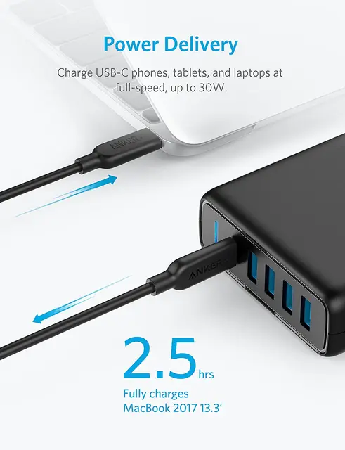USB C Wall Charger, Anker Premium 60W 5-Port Desktop Charger with One 30W Power Delivery Port for Ipad ,  for iPhone and More 2