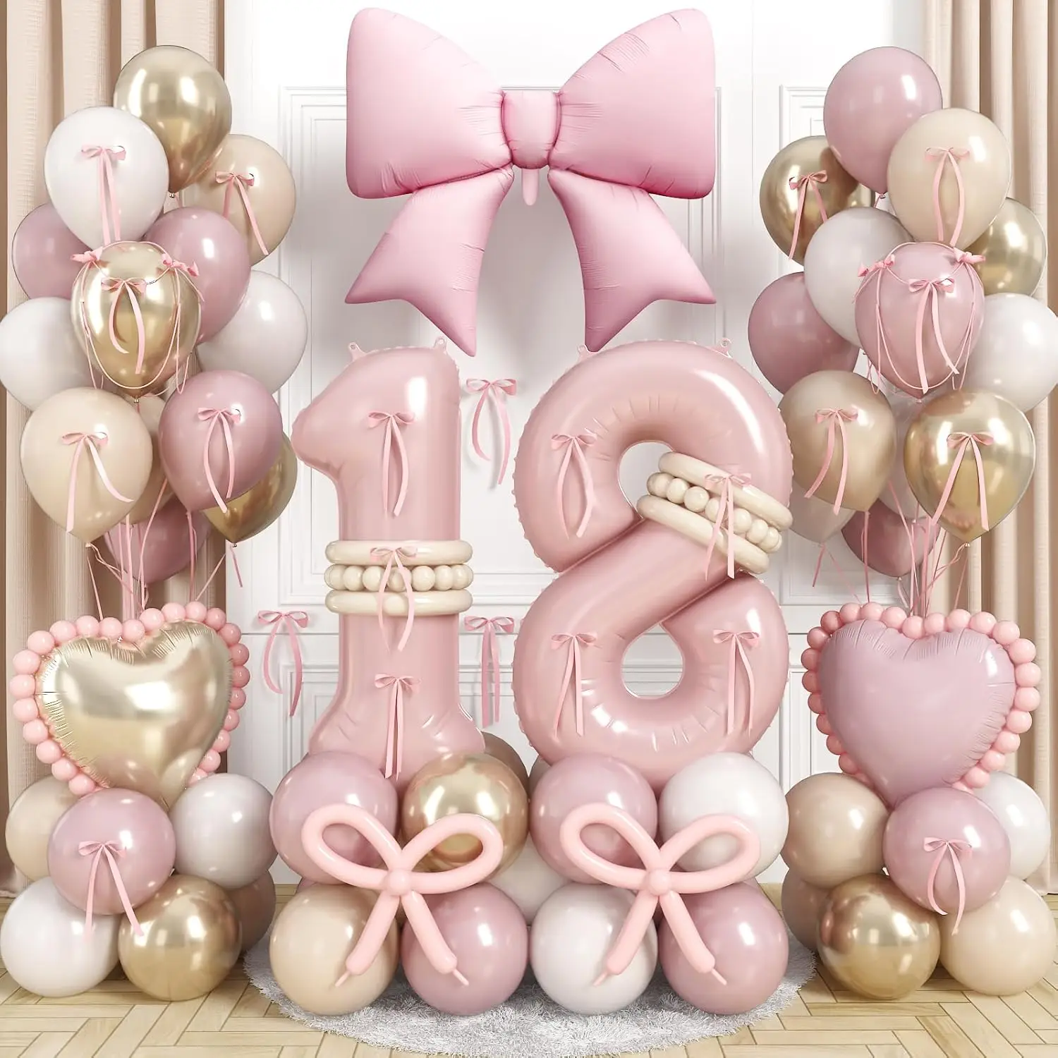� Staubrosa Ballon Nummer 13/15/16/18/21 für Geburtstagsdekorationen - Retro Blush Pink Gold Creme Latex-Ballons mit Großer Schleife H