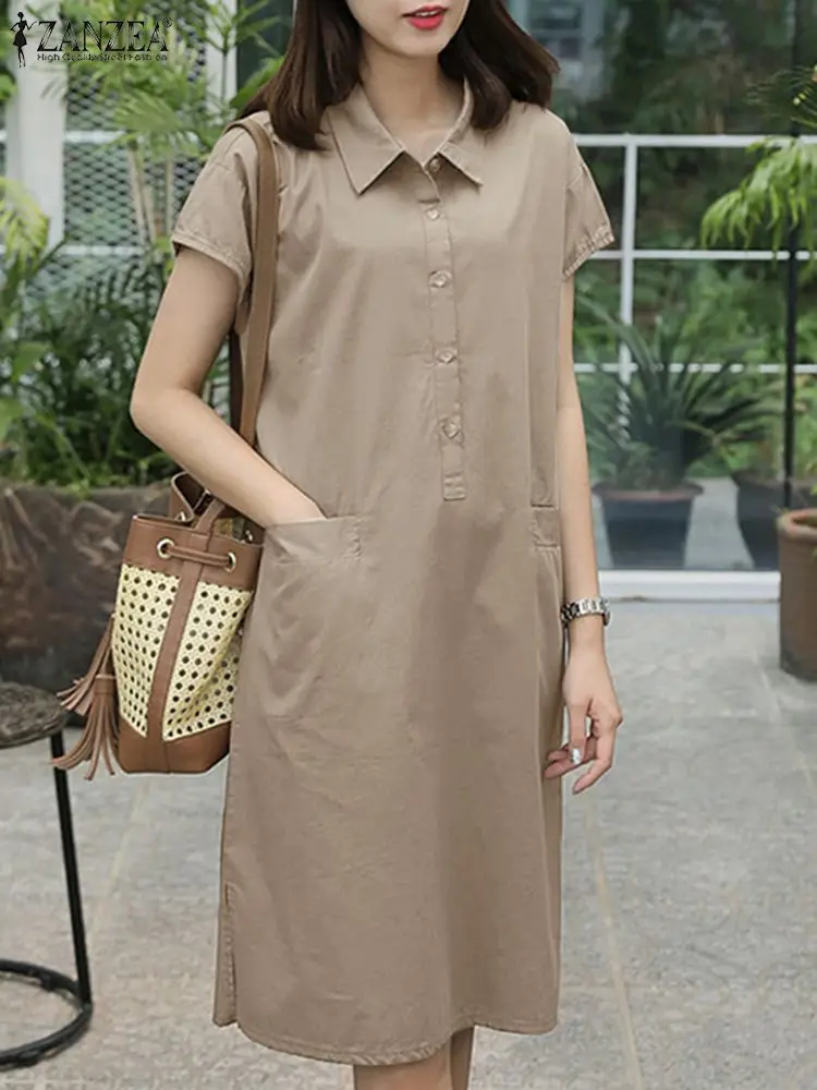 

ZANZEA Women Casual Short Sleeve Shirtdress 2024 Summer Turn-Down Collar Button Up Solid Vestidos Fashion Side Slit Sundress