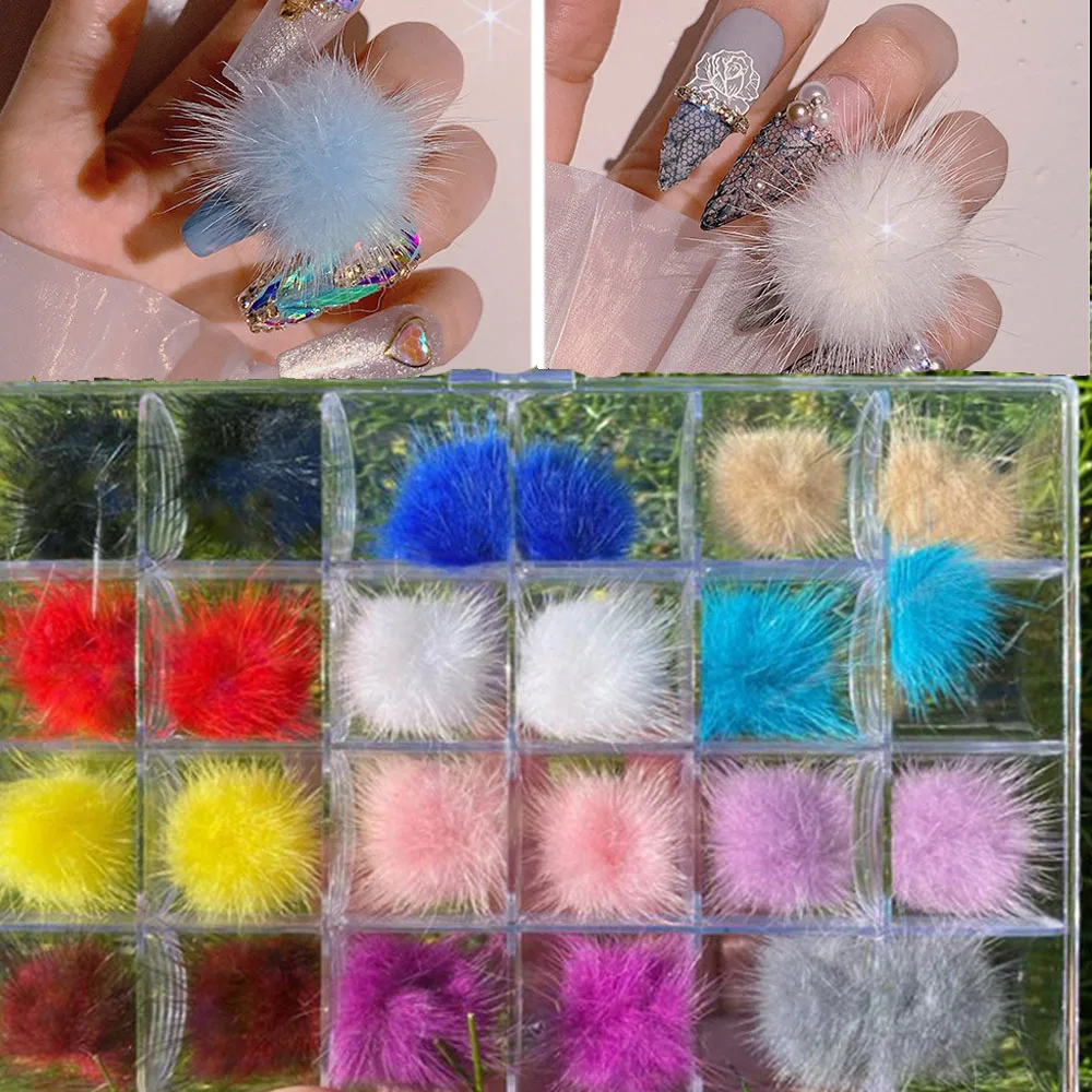 

24 Grids Magnetic Pompoms Nail Art Decor Boxed Soft Fluffy Plush Ball Detachable Nail Charms DIY 2023 Manicure Pom Parts &*&