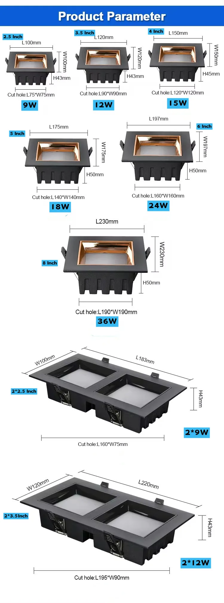 Square Anti-glare Recessed LED Downlight Lamp 9W 12W 15W 18W 24W 36W Dimmable Ceiling Spot Panel Bulbs Home Store Lighting
