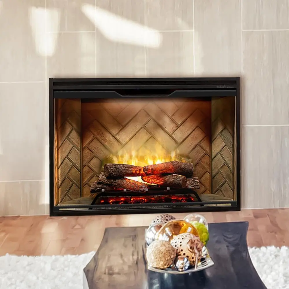 42 Inch Built-in Electric Firebox Herringbone Brick Background Includes Realistic Faux Logset Front Glass Panel Firebox