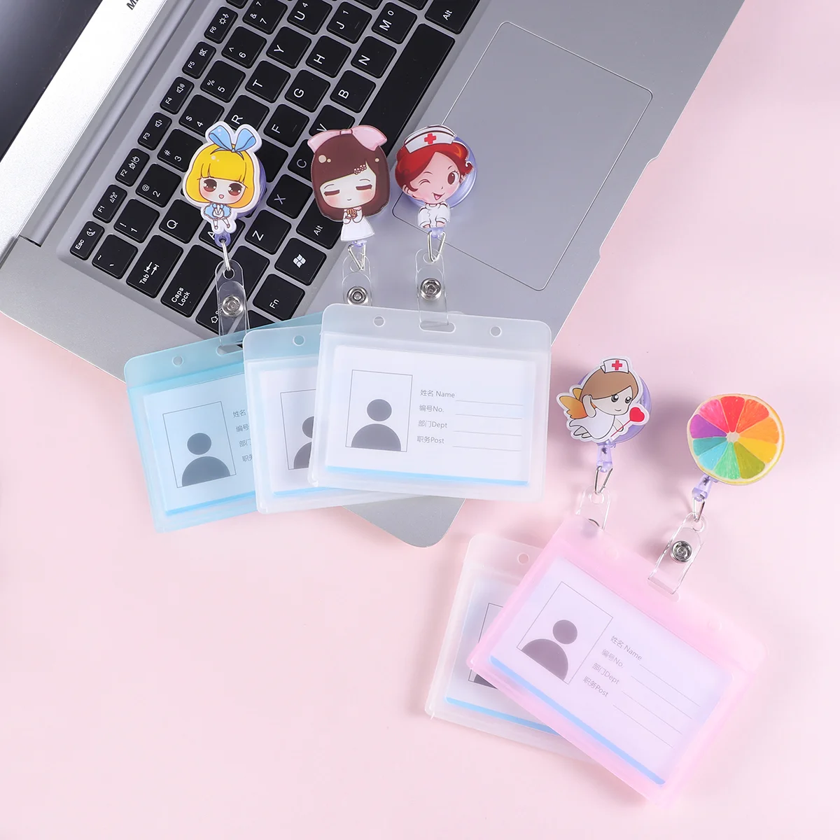 

5 Pcs Cartoon Holder Badge Reel Cover Waterproof Set Lanyard for Nurse (Blue Skirt Girl + Blue Scrub, Orange + Pink Scrub,