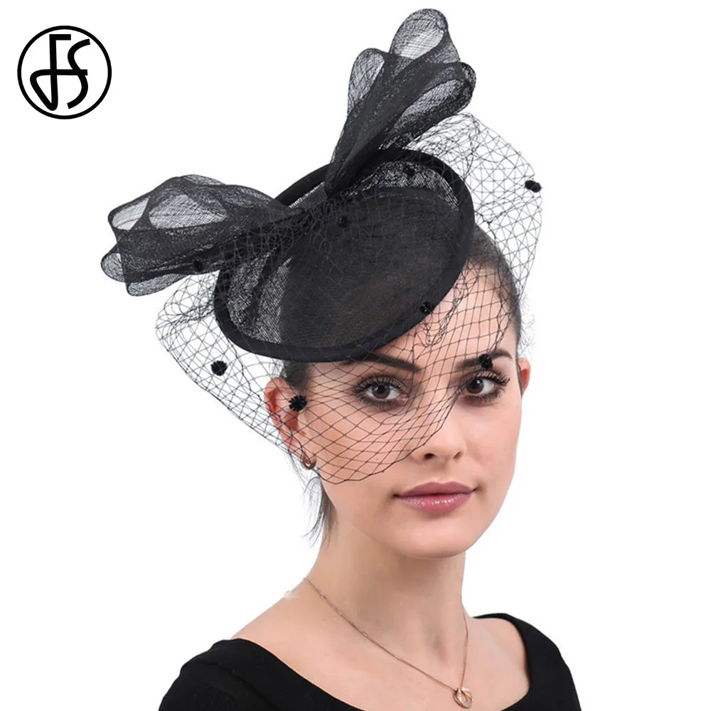 

FS British Banquet For Women Elegant Black Fascinator With Veil Bowknot Pillbox Hats 2024 Ladies Party Cocktail Church Fedoras