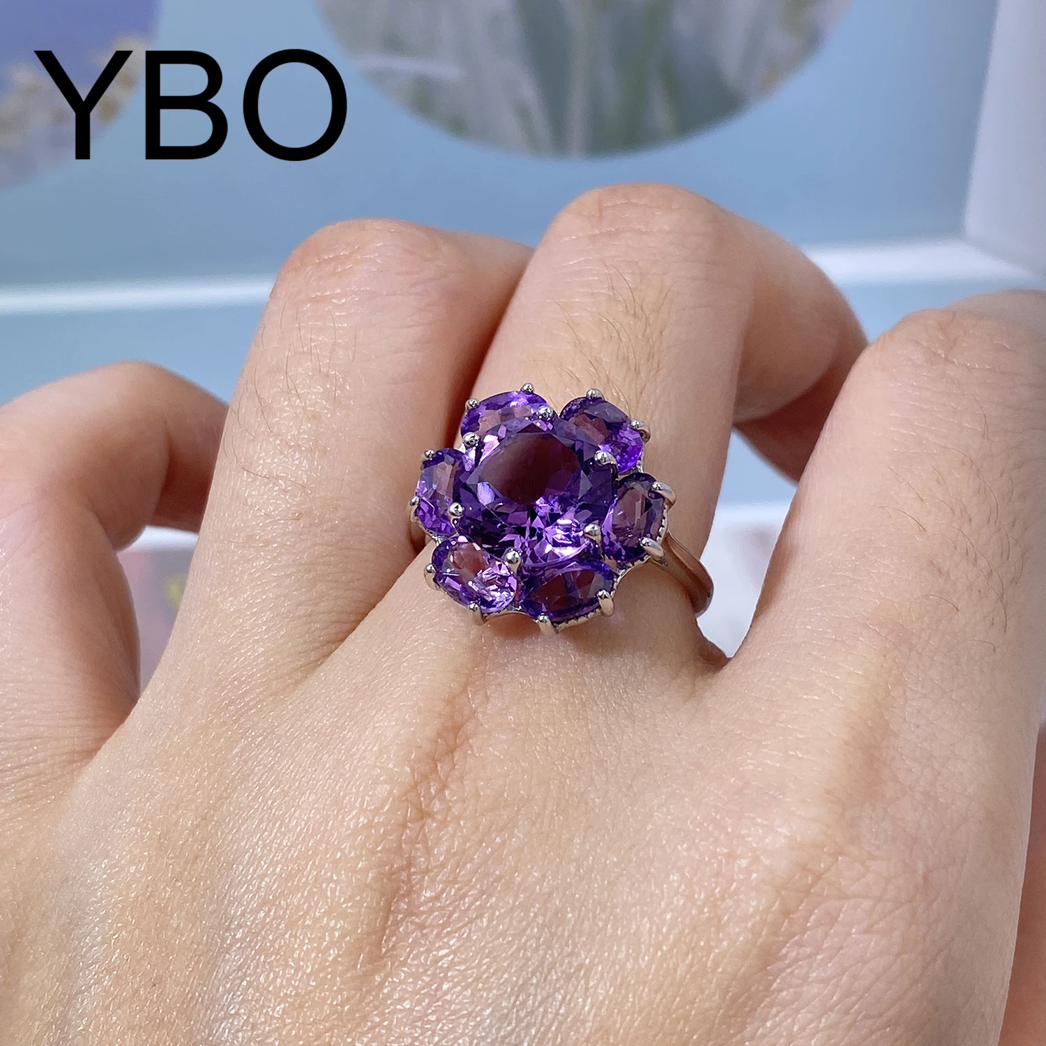 

YBO Natural Amethyst Citrine Flower Ring Women 925 Sterling Silver Charming Jewelry Gemstone Ring Bridal Wedding Engagement Ring
