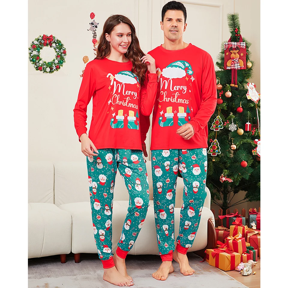 Fashion Cotton Family Matching Christmas Pajamas Santa Claus Father Mother Kids Baby Children's Letter Print T-shirt Pants Sets 4