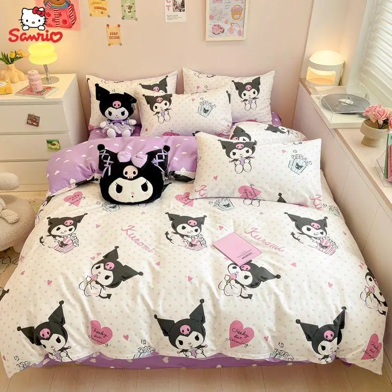 

Melody Kuromi Cinnamoroll Cotton Four-Piece Set Anime Cartoon Sanrio Sheets Quilt Cover Pillowcase Student Dormitory Three-Piece