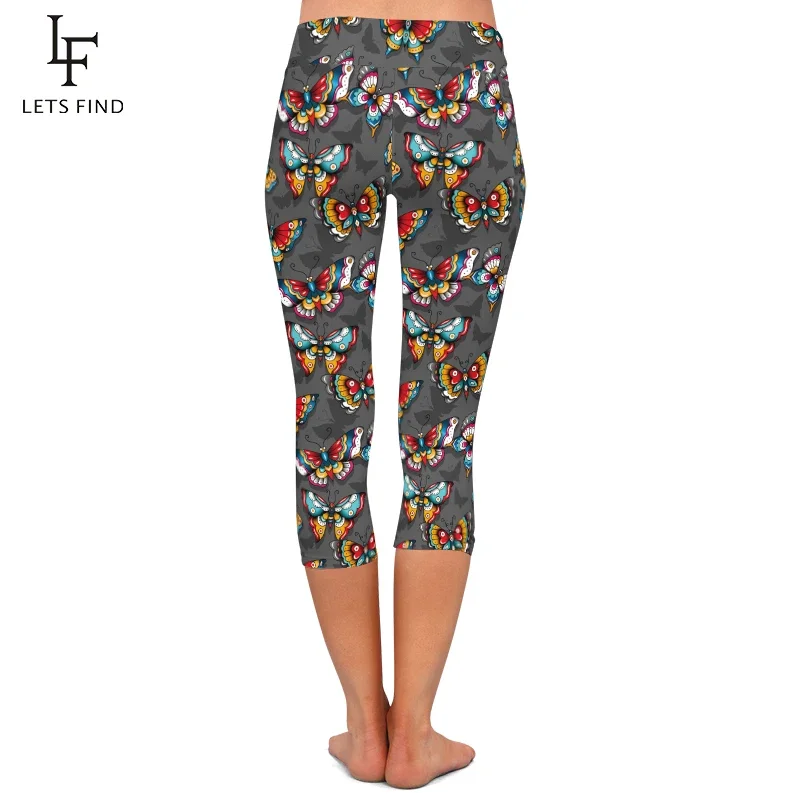 High Waist  Butterfly Print  Capri Leggings Women Fashion Mid-Calf 3/4 Trousers Stretch Pants Women Summer