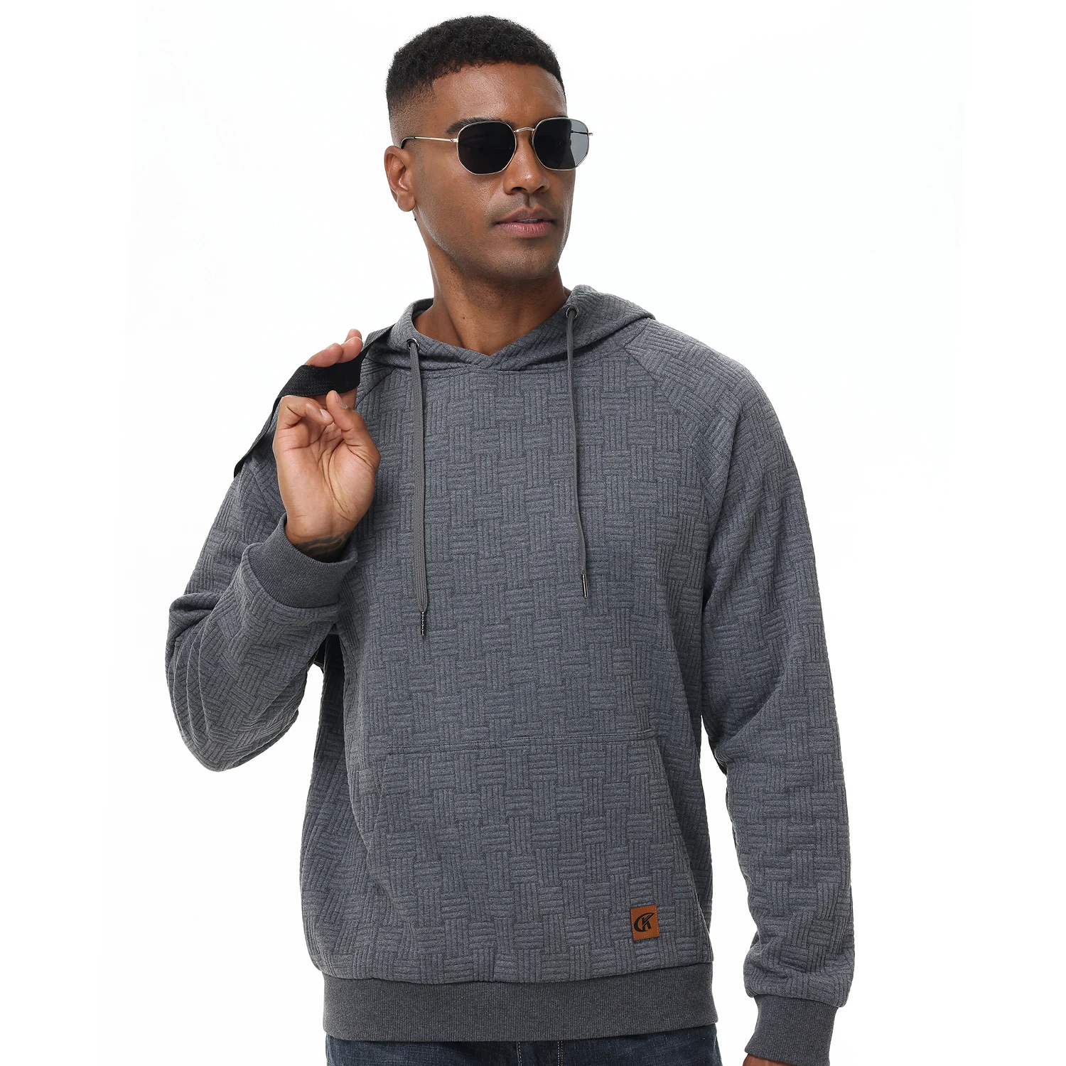 Men's Casual Hoodies Long Sleeve Plaid Jacquard Pullover Drawstring Kanga Pockets Casual Fashion Hooded Sweatshirts Streetwear