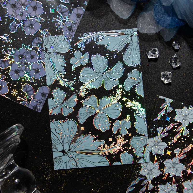 Decorative stickers 5pcs Retro Laser Flower Plant PET Deco Stickers Plant Flower Leaf Transparent Junk Journal Accessories Aesthetic Stickers