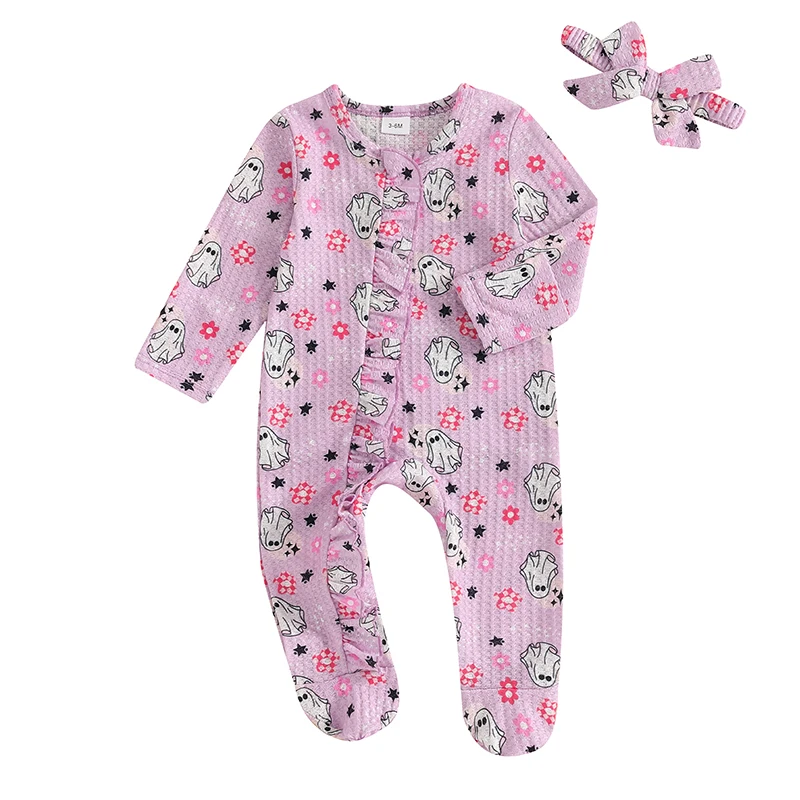 Baby Girl Halloween Waffle Bodysuits Pumpkin Ghost Print Ruffled Zip Up Footie Long Sleeve Fall Romper Headband