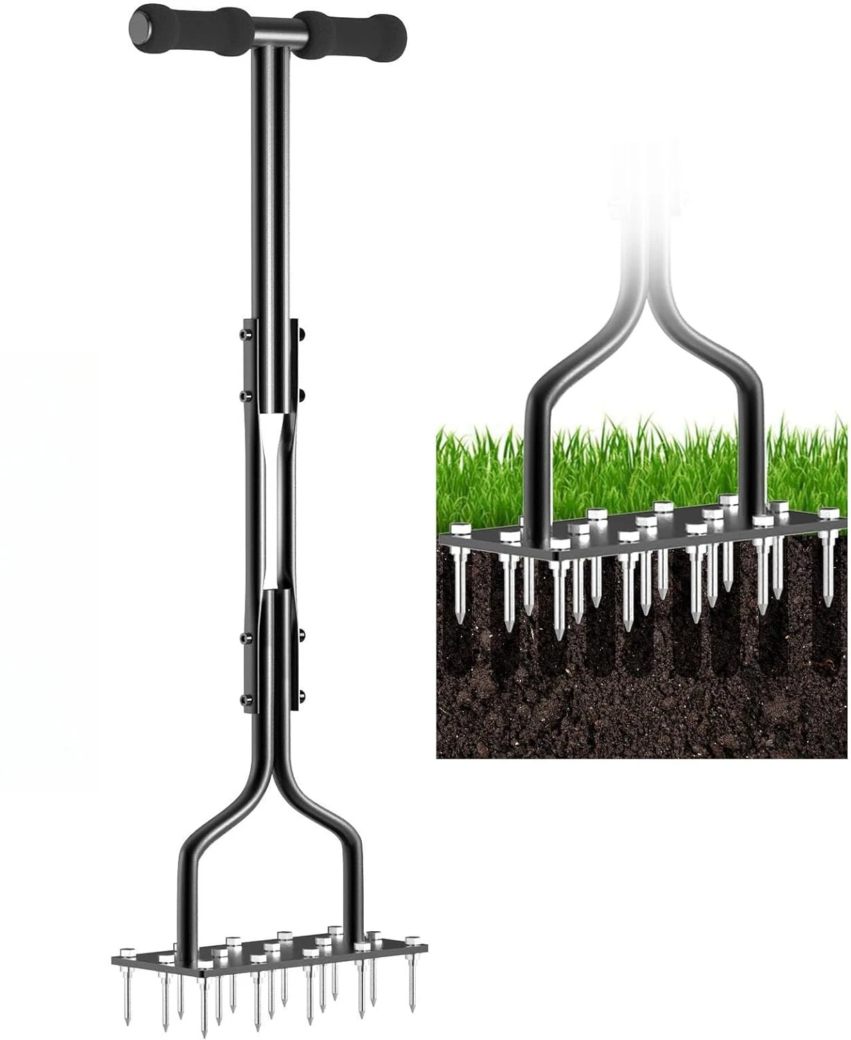 Lawn Aerator Spike Manual Tool 15 Iron Spikes 2 in 1 Grass Soil Aeration Tool Lawn Air Aerator Garden Cleaning