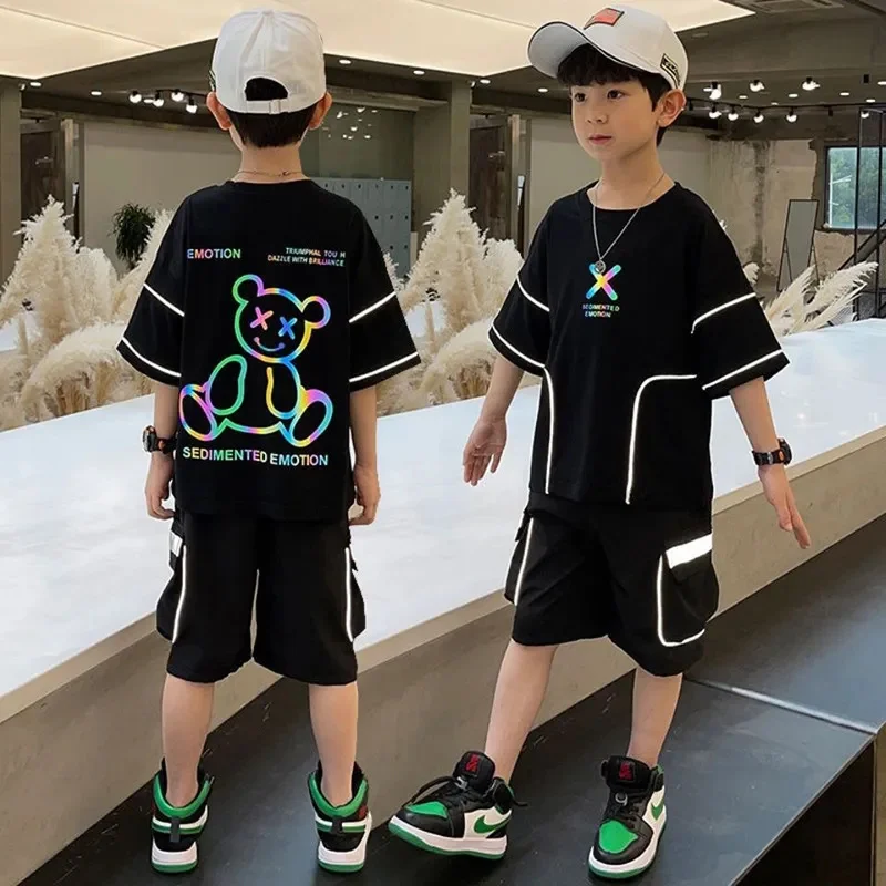 

4-16 Year Kids Clothes Set Cartoon Letter Boys T-shirt Elastic Waist Big Pocket Shorts New Summer Boy Two-piece