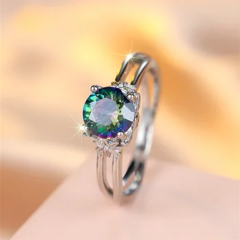 Round Stone Rainbow Crystal Rings For Women Classic Silver Color Multicolor Birthstone Wedding Band Jewelry Mother's Day Gift
