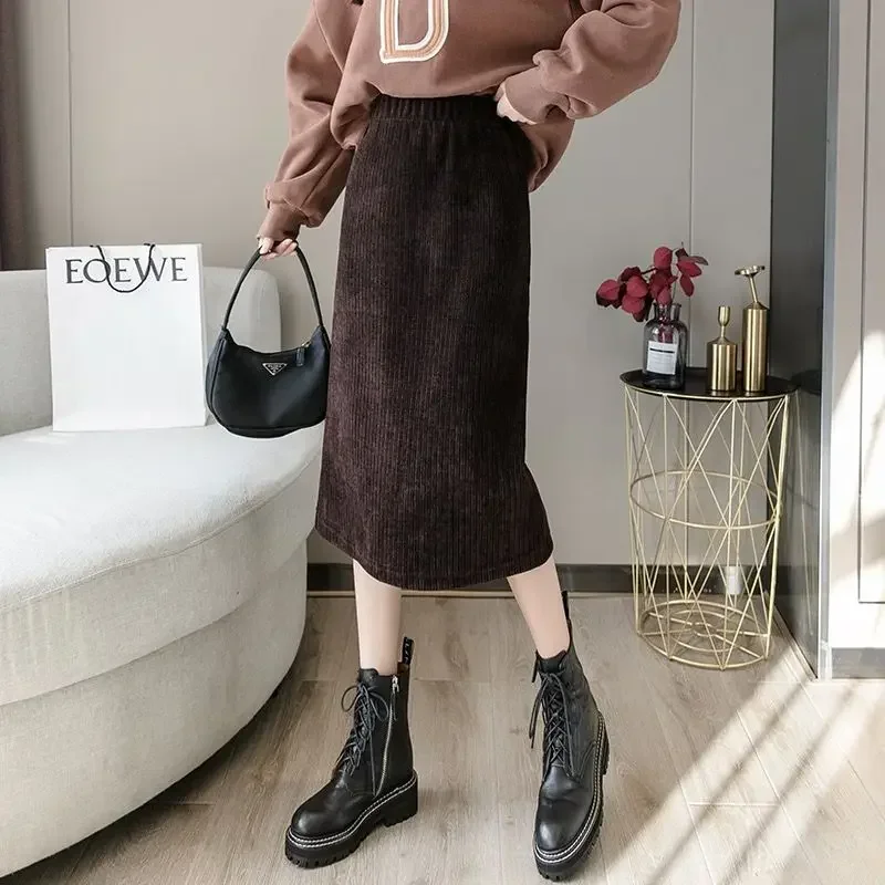 

Elegant Temperament Corduroy A-Line Skirt Autumn Elastic High Waist Fashion Solid Color Split Skirts Women's Clothing P228