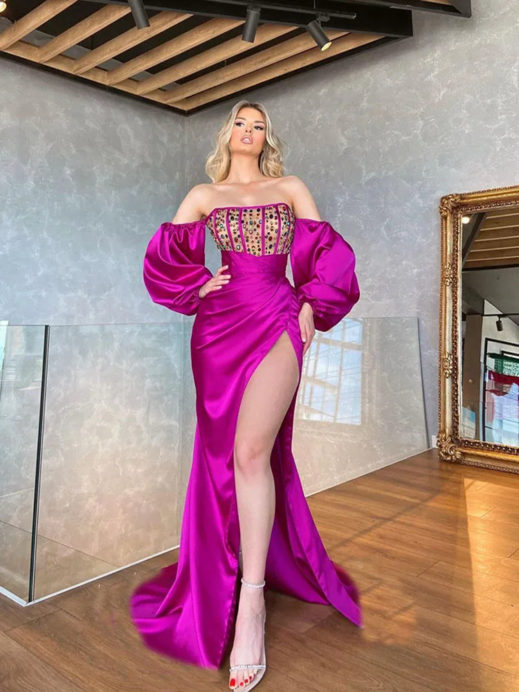 

Elegant Beads Satin Women Evening Dress Off The Shoulder Bubble Sleeves Bridesmaid Evening Dress Sexy High Split Female Vestidos