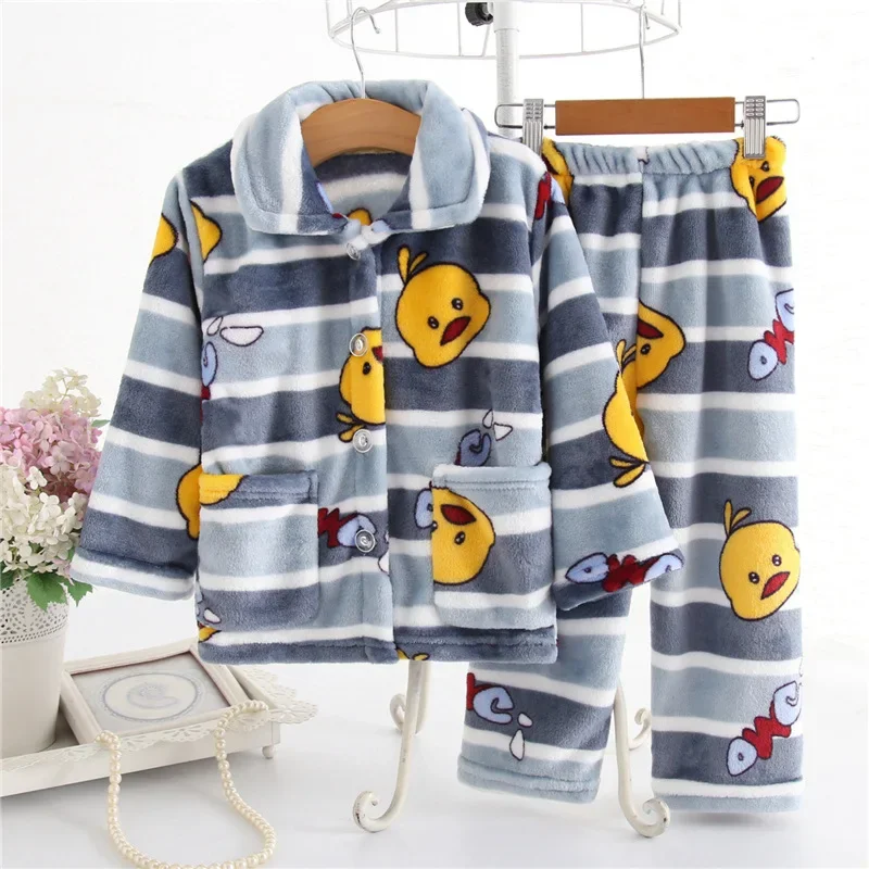 New 2023 Kids Flannel Pajama Sets Autumn Winter Boys Girls Warm Cartoon Long Sleeve Lapel Tops with Pants Sleeping Clothing Set