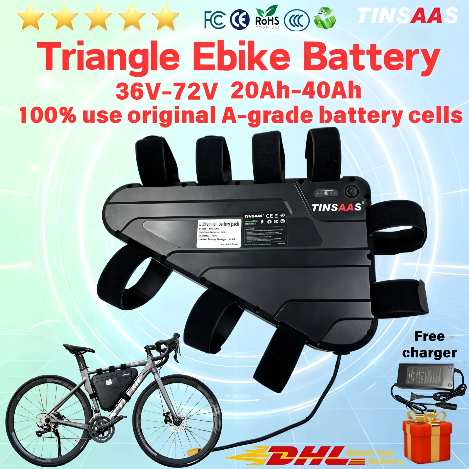 Batterie triangulaire pour vélo électrique 21700, cellules 36V 48V 52V 60V 72V, adaptée au cyclisme longue distance, pour moteurs 250W-3000W