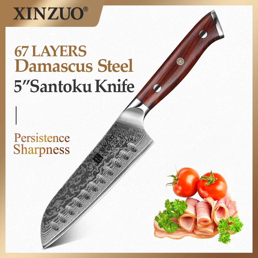 XINZUO 5" Inch Santoku Knife 67 Layer Damascus KitchenKnife Stainless Steel Professional New Santoku Knives with Rosewood Handle