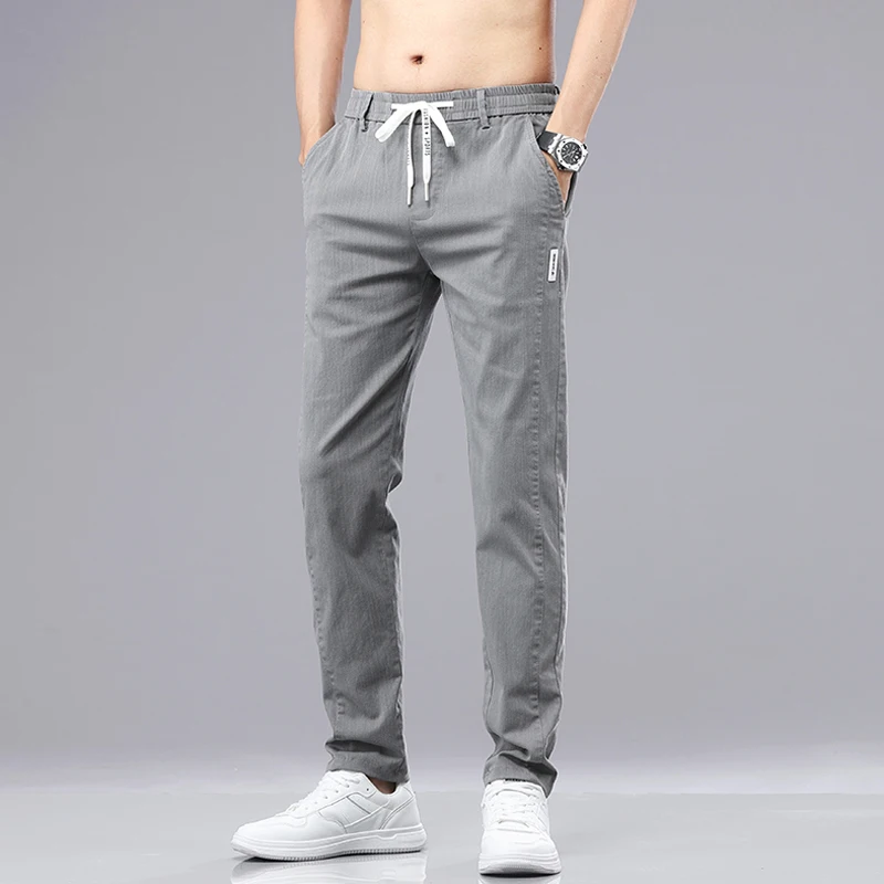 Spring Summer Mens Casual Pants Men Thin Cotton Pant Slim Fit Work Elastic  Waist Jogging Drawstring Trousers Male Plus Size 38