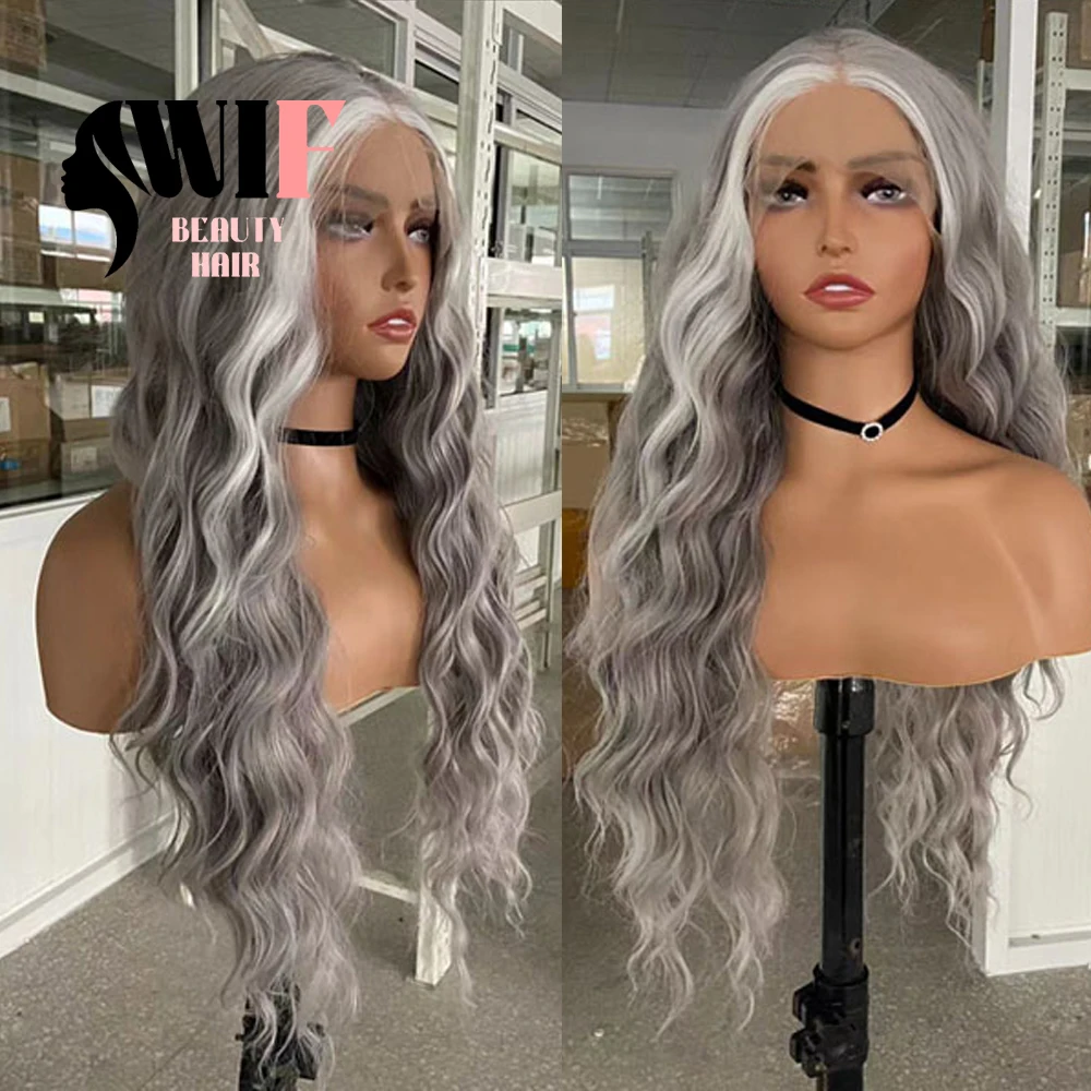 

WIF White Highlight Grey Color Body Wavy Synthetic Wig Makup Gray Hair Long Loose Wavy Heat Fiber Lace Front Wigs Daily Cosplay