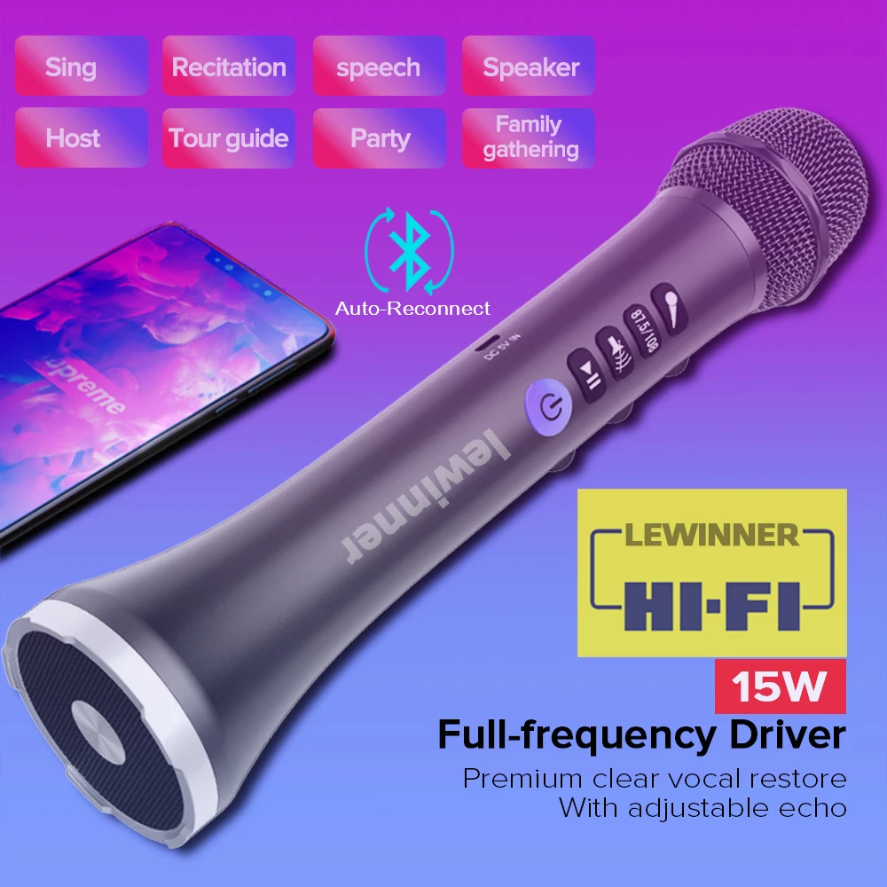 Фото Караоке-микрофон Lewinner с подарочной упаковкой, беспроводной динамик 15-20 Вт, Bluetooth-микрофон для подарка на день рождения, фестиваль №3
