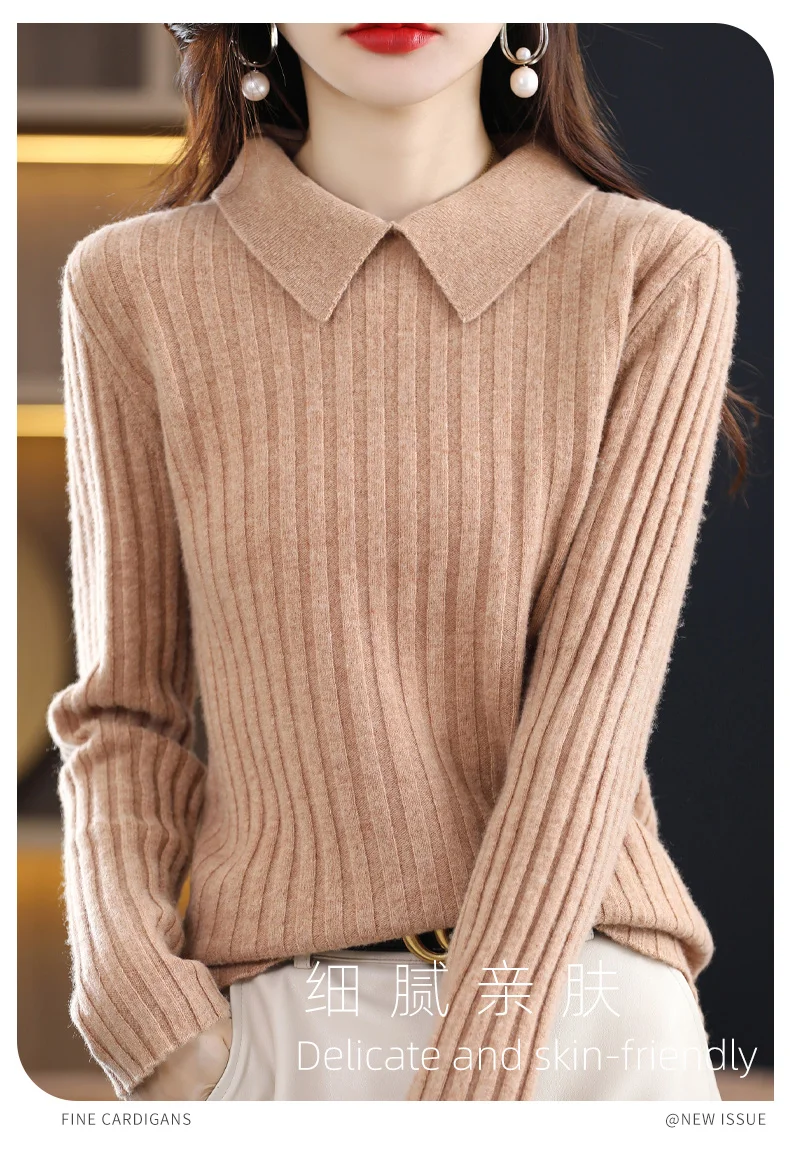 Autumn Winter New Woman 100% Wool Sweater Soft Polo Collar Vertical Stripe Pullover Casual Knitted Tops Cashmere Female Sweater