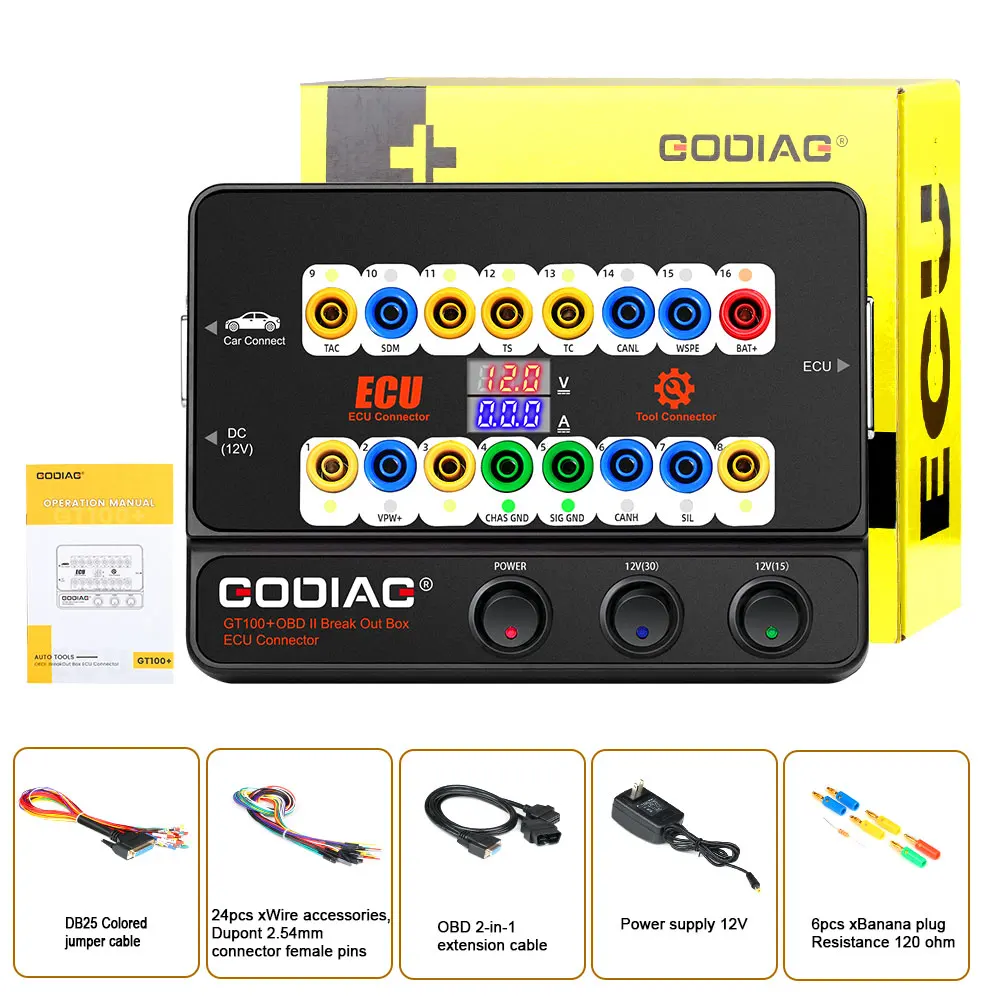 Godiag GT100 y GT100 Pro OBDII Breakout Box Conector de banco ECU agrega pantalla de corriente electrónica y protocolo CANBUS