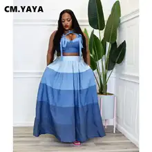  CM.YAYA Gradient Striped Two 2 Piece Set Women 2022 Summer Crop Top and Big Swing Ball Gown Maxi Long Skirt Suit Elegant Outfits 