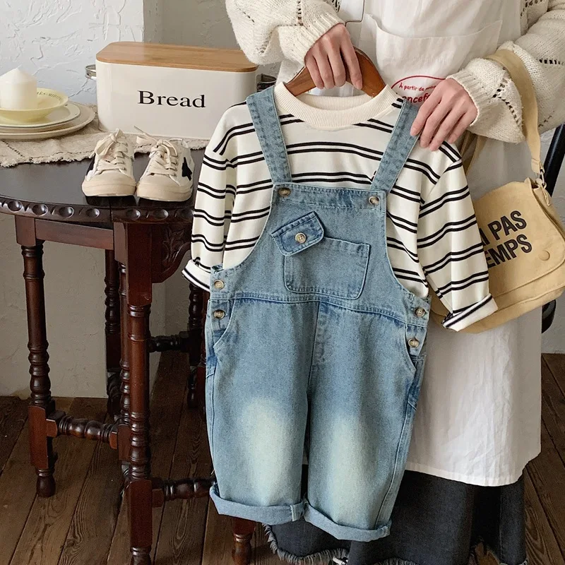 Overalls Children's Denim Strap Pants Spring Autumn Korean Girls' Casual Loose Suspender Trousers Boys' Pocket Jumpsuit