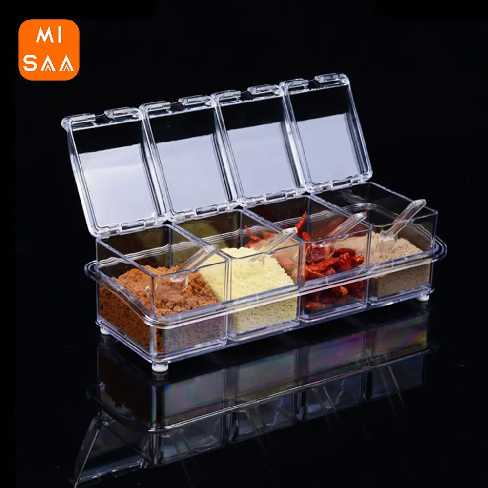 

Коробки для специй с 4 отделениями, бутылка для соли и перца с ложкой, прозрачные Кухонные гаджеты, стойка для специй, Органайзер