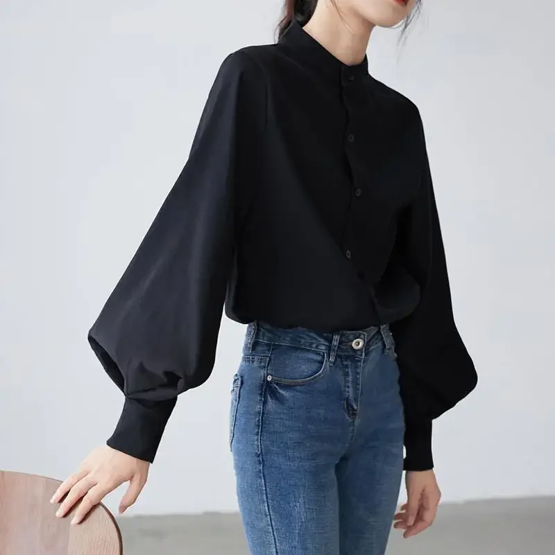 Temperament Black Loose Blouse Spring Autumn Long Sleeve Button Solid Color Youth Shirt Tops Vintage Casual Women Clothing
