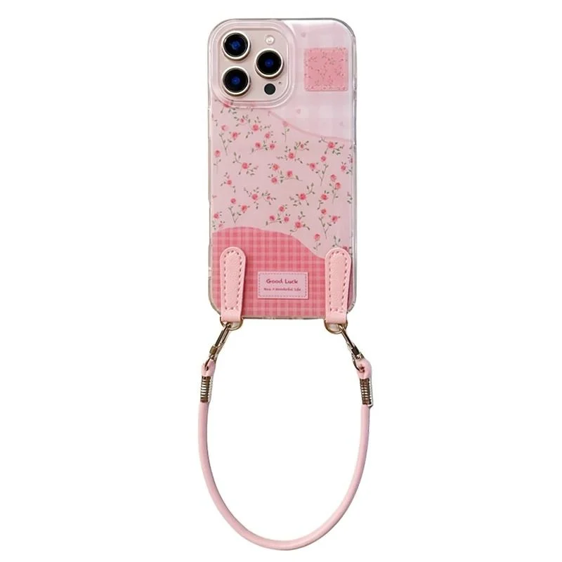 Transparent Pink Checkered Floral Phone Case with Handheld Lanyard