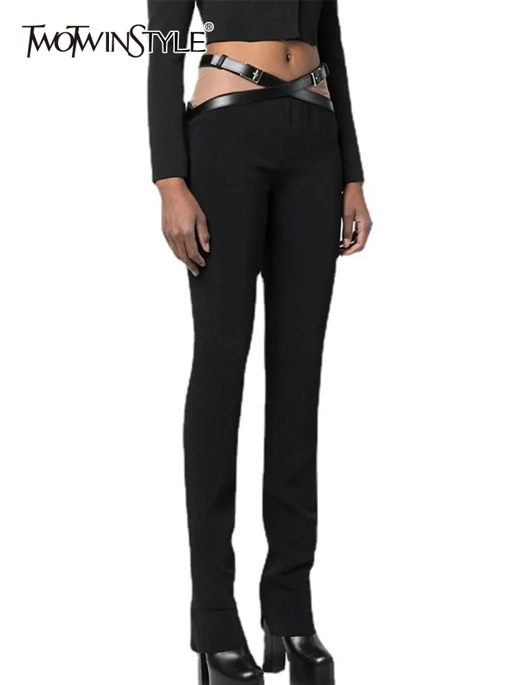 

TWOTWINSTYLE Solid Spliced Zipper Pants For Women High Waist Patchwork Belt Minimalist Casual Pant Female Fashion Clothing Style