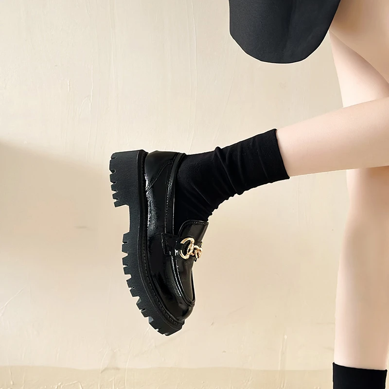 Leather Women Pumps Heels Loafers Metal Button Black Platform Women's Shoes Fashion JK Lolita Soft Soled Student Office Shoes
