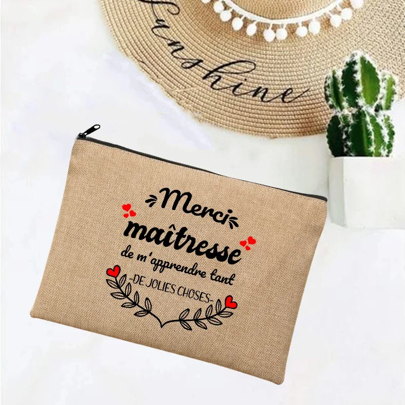 Linen Makeup Bags Thank You Teacher French Print Simple Wristlet Clutch Bag Beach Stationery Storage Travel Organizer Case Gifts 2