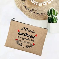 Linen Makeup Bags Thank You Teacher French Print Simple Wristlet Clutch Bag Beach Stationery Storage Travel Organizer Case Gifts 2