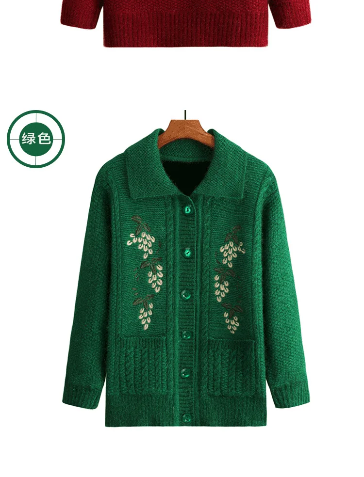 Mutter mittleren Alters Strickpullover warme Jacke Herbst Winter Damen Strickjacke bestickt Langarm Top dicker Samtmantel – Detail 3
