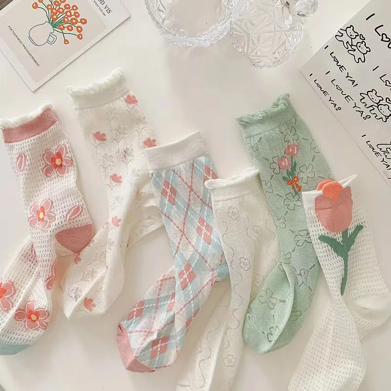 

New Summer Three-dimensional Tulip Socks Women Thin Mesh Breathable Midrange Socks Pregnancy Little Flowers Pile Stockings