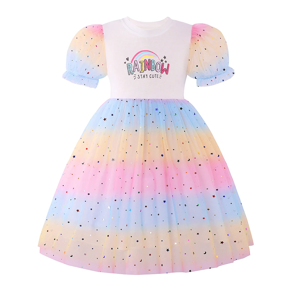 thumbnail image 1 of Ropa de verano para niña, vestido de malla de manga corta con arcoíris morado, unicornio, para fiesta, 2 a 8 años, 2023, 1 of 5
