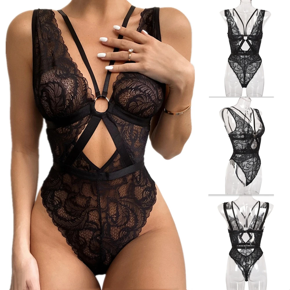 

Sexy Lace Transparent Lingerie Pornos Suit Women Hollow Out Bandage Underwear Bodysuit Sleepwear Erotic lenceria sensual mujer