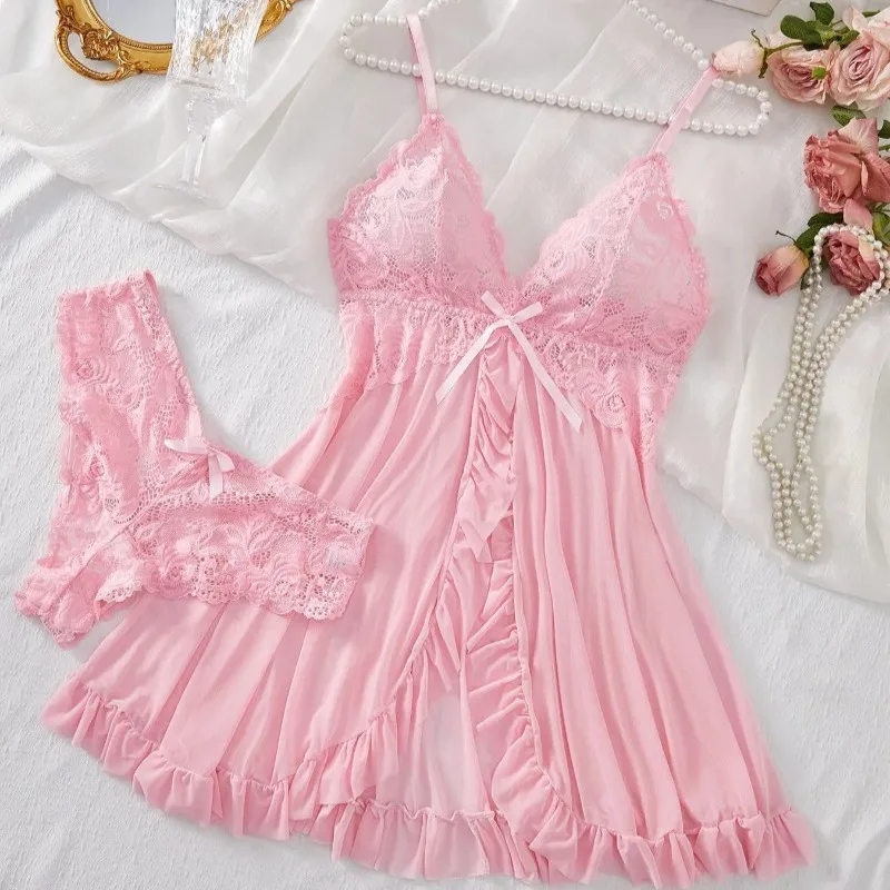 Ensemble de Lingerie Sexy pour femmes, soutien-gorge érotique, chemise de nuit, vêtements de nuit en dentelle, couleur unie, Slim, robes douces, col en V, Slip complet, vêtements de nuit et robes