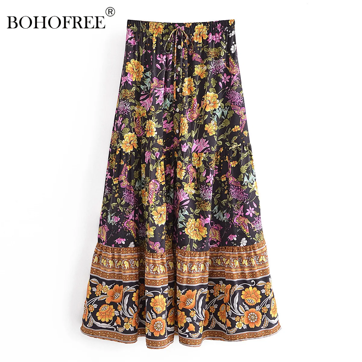 

Boho Saia Elastic Waist Bohemian Fadal Holiday Beach Dress Rayon Cotton Hippie Long Skirts For Women Festival Women's Skirt