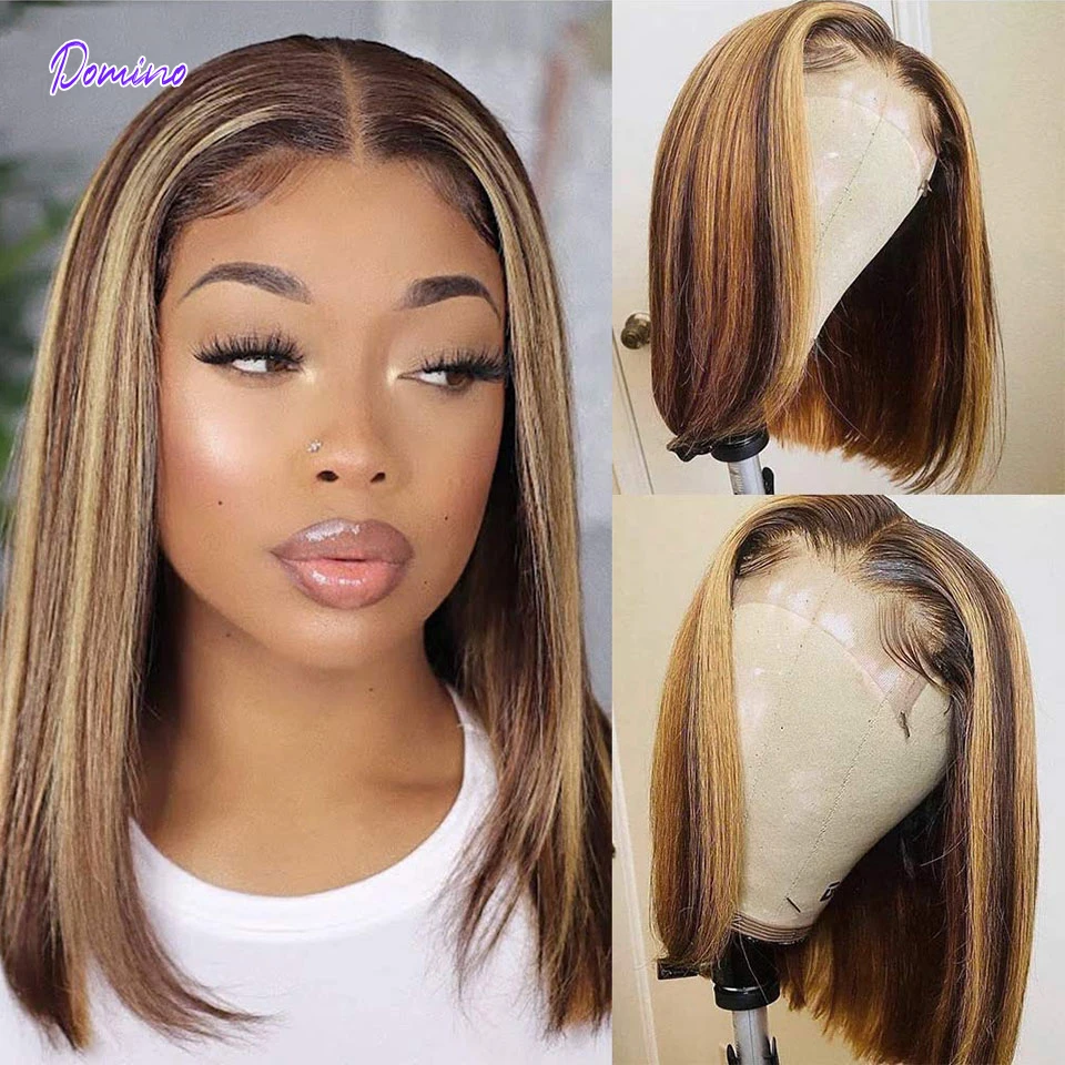 Straight Short Bob Wig Highlighted Transparent Lace Front Human Hair Wigs  For Women Honey Blonde Ombre Highlight T Part Lace Wig| | - AliExpress