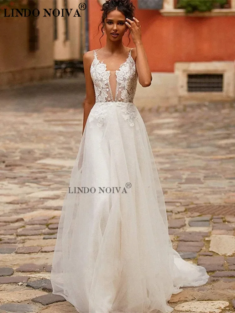 

LINDO V Neck Spaghetti Straps A Line Wedding Dress For Women Appliques Lace Floor Length Elegant Bridal Gown vestido de noiva