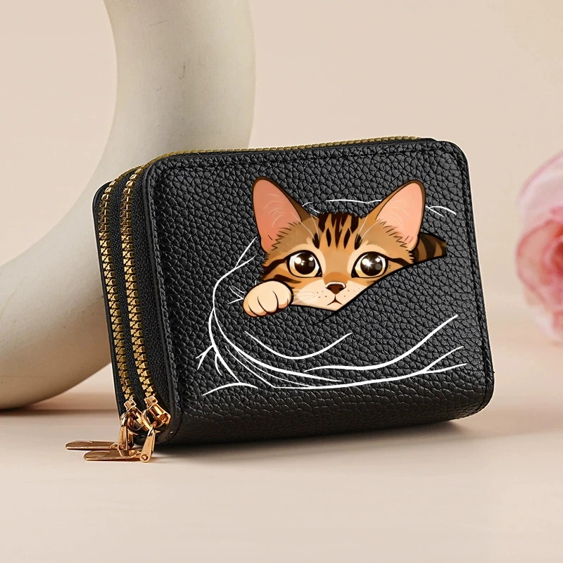 3D Niedliche Katzenmädchen Damen-Geldbörse mit Doppelreißverschluss, Lychee-Design, Kurzer Kreditkartenhalter mit Großer Kapazität und Münzfach – Detail 9
