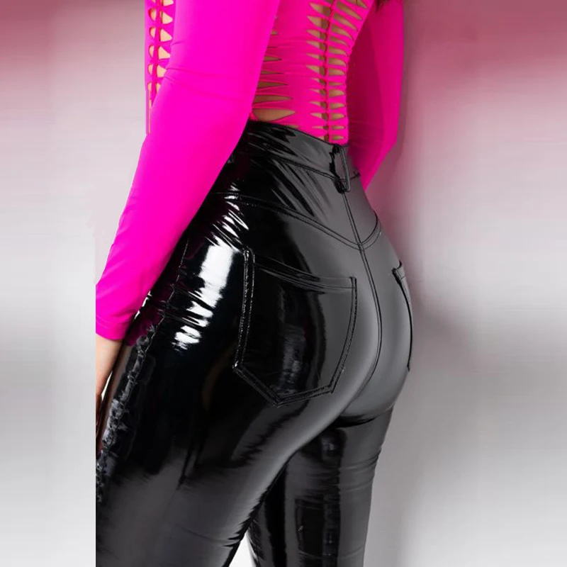 Women Plus Size Shiny Patent Leather Skinny Pants Button Zipper PU Slim Sexy Pencil Pant Nightclub Trouser New Custom Streetwear 4