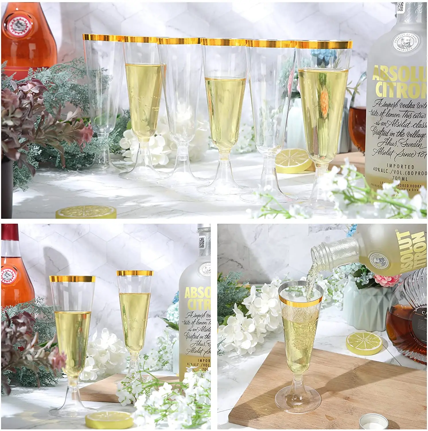 플라스틱 골드 테두리 샴페인 플루트 | 5.5oz. 투명 하드 일회용 파티 및 웨딩 유리, 프리미엄 헤비 듀티, 멋진 컵
